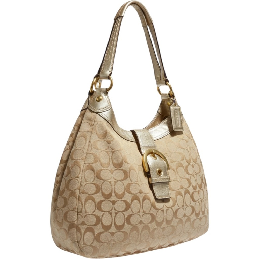 Coach Soho Signature Buckle Hobo Bag Khaki Metallic Gold Canvas F17403